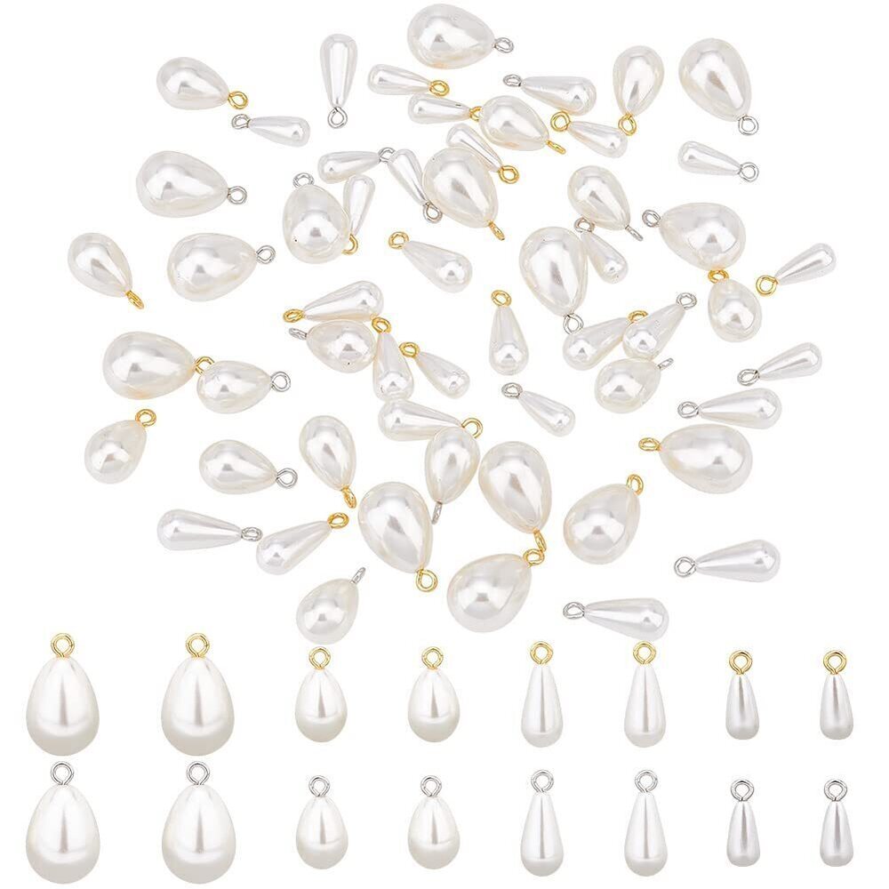 9597 64pcs Teardrop Pearl Pendants, 4 Sizes Imitation Pearl Charms